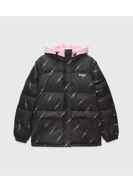Чорний пуховик нейлоновий з рожевими логотипами MSGM